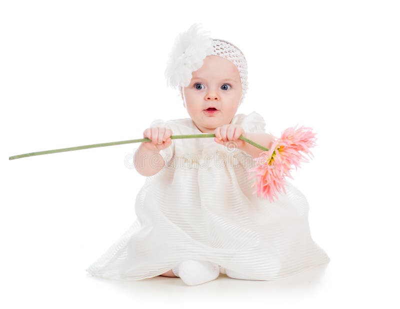 Baby girl holding flower gift