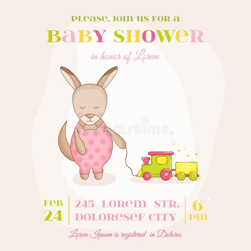 Baby Girl Kangaroo with a Train - Baby Shower or Arrival Card