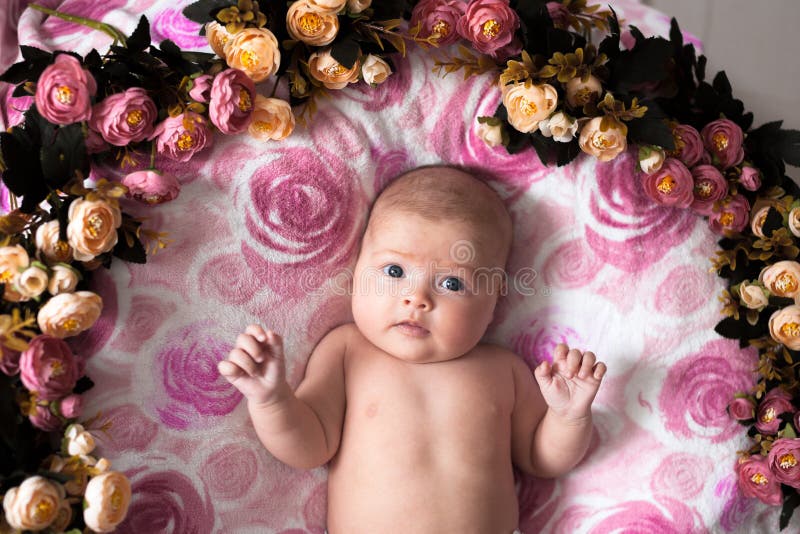 Surprised Baby Girl Light Pink Background with Roses Stock Image ...