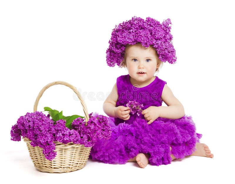 Baby Girl with Lilac Flowers, Child Fashion Portrait on White