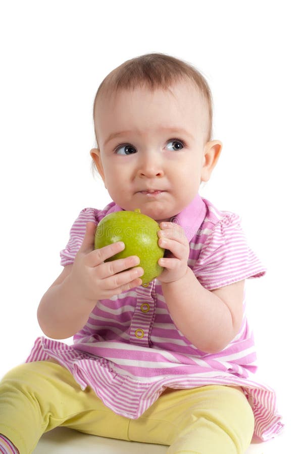 Baby Girl in Pink Eating Apple Stock Photo Image of happy, friendly