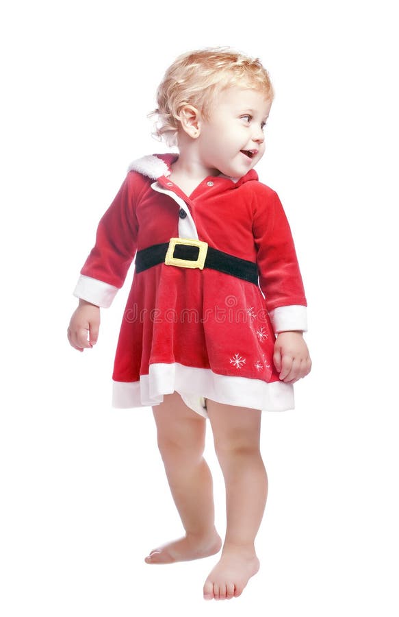 Baby girl in a red christmas fancy dress