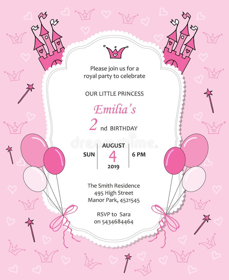 Baby girl royal birthday invitation with balloons, castle, hearts and crowns. stock illustration Baby girl royal birthday invitation with balloons, castle, hearts and crowns. stock illustration