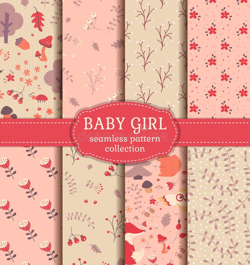 Baby girl seamless patterns. Vector collection.