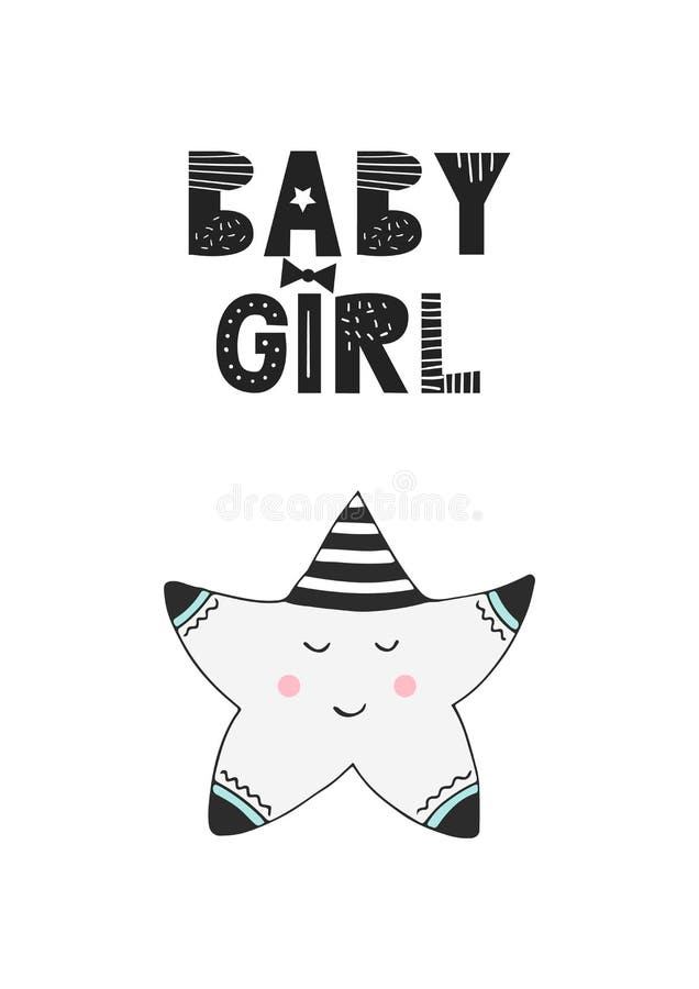 Baby girl - unique hand drawn nursery poster with handdrawn lettering in scandinavian style. Vector illustration.