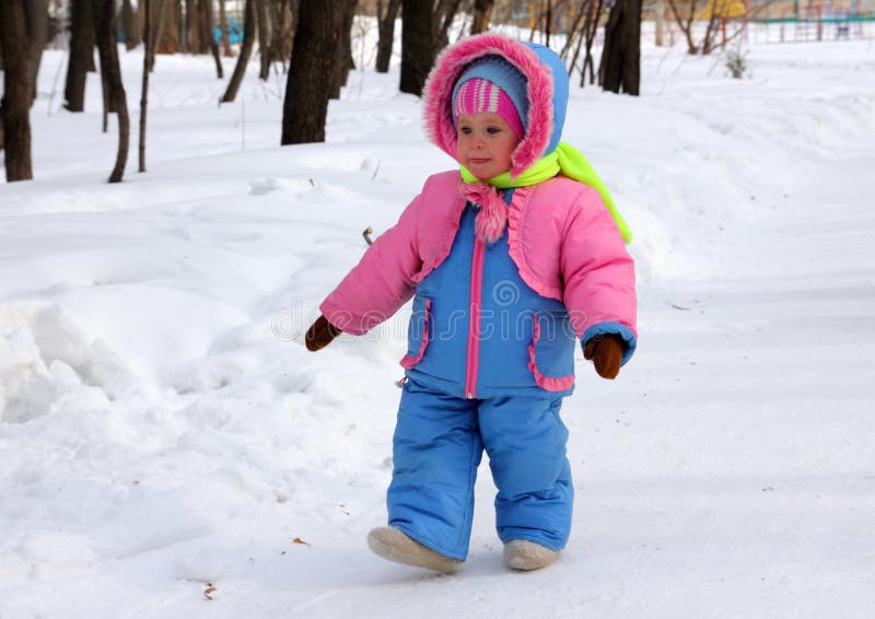 Baby Girl Walking in Winter Park Stock Photo Image of frozen, cold