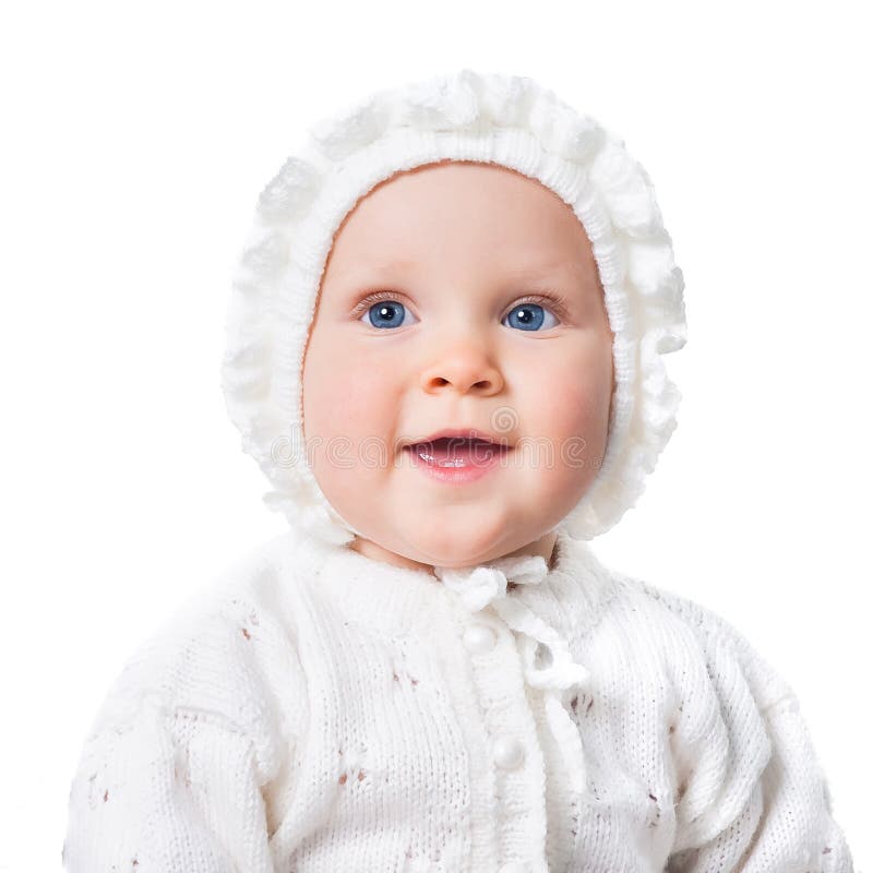 Baby girl wearing crochet bonnet isolated