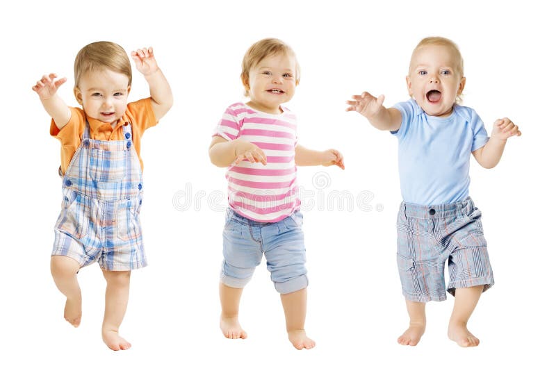 Baby Go, Funny Kids Expression, Playing Babies Isolated over White Background, one year old children. Baby Go, Funny Kids Expression, Playing Babies Isolated over White Background, one year old children