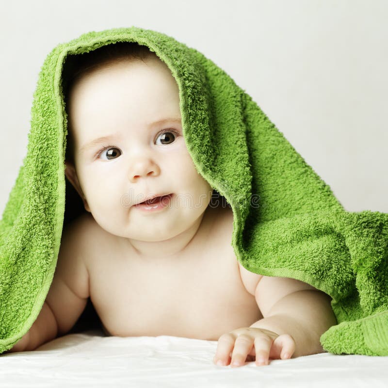 Cute Happy Baby Hiding between Green Blankets Stock Photo - Image of ...