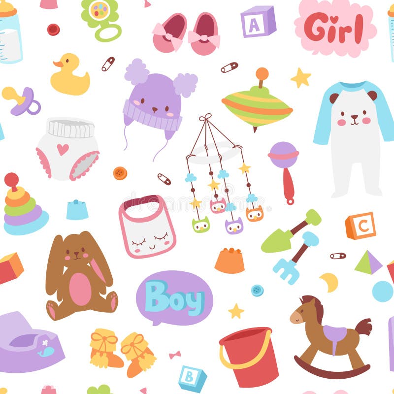 Baby icons seamless pattern vector. Baby icons set vector cartoon family toys sign seamless pattern. Baby symbols design cute boy and girl toys set childhood stock illustration Baby icons seamless pattern vector. Baby icons set vector cartoon family toys sign seamless pattern. Baby symbols design cute boy and girl toys set childhood stock illustration