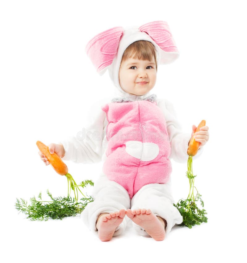 Baby im Osterhasenkostüm mit Karotte, Kindermädchen-Kaninchenhase lizenzfreie stockbilder Baby im Osterhasenkostüm mit Karotte, Kindermädchen-Kaninchenhase lizenzfreie stockbilder