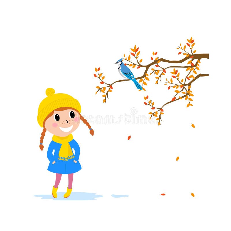 Baby in coat and hat walking in autumn forest, little girl see bird on branch. Baby in coat and hat walking in autumn forest, little girl see bird on branch