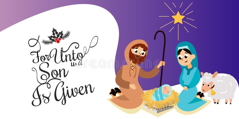 Baby Jesus born in Bethlehem scene in holy family. Christmas nativity story scene of Christ vector illustration. Christian Xmas night with shining star
