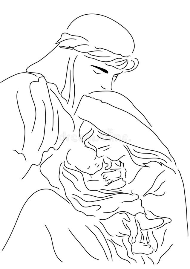 Baby Jesus Mary And Joseph | Christmas Line Art Illustration | Bible
