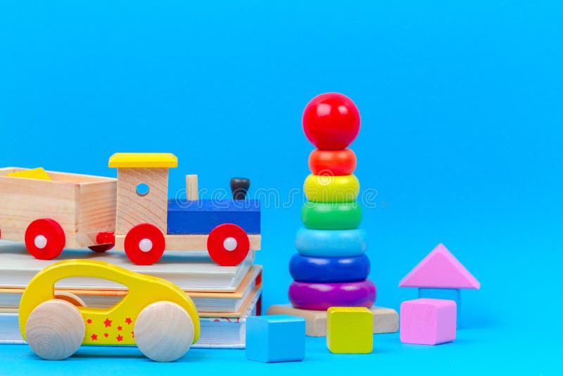 Baby Kid Toys Collection on Blue Background Stock Image Image of