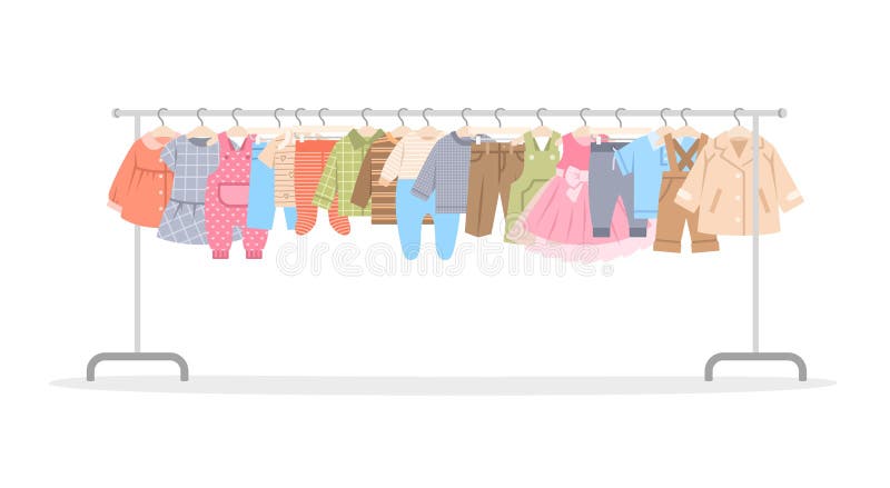 https://thumbs.dreamstime.com/b/baby-kids-boy-girl-clothes-long-hanger-rack-shop-little-different-garments-hanging-store-stand-children-dresses-shirts-264224479.jpg