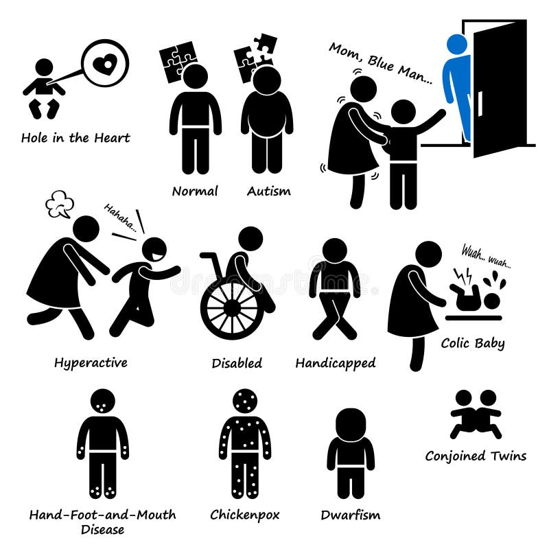 A set of human pictogram representing sickness and syndrome happens to children such as hole in the heart, autism, psychic power, hyperactive, disabled, colic, hand-food-and-mouth disease, dwarfism, and conjoined twins. A set of human pictogram representing sickness and syndrome happens to children such as hole in the heart, autism, psychic power, hyperactive, disabled, colic, hand-food-and-mouth disease, dwarfism, and conjoined twins.