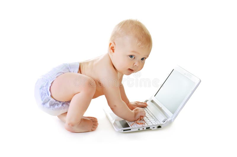 Baby with a laptop royalty free stock image