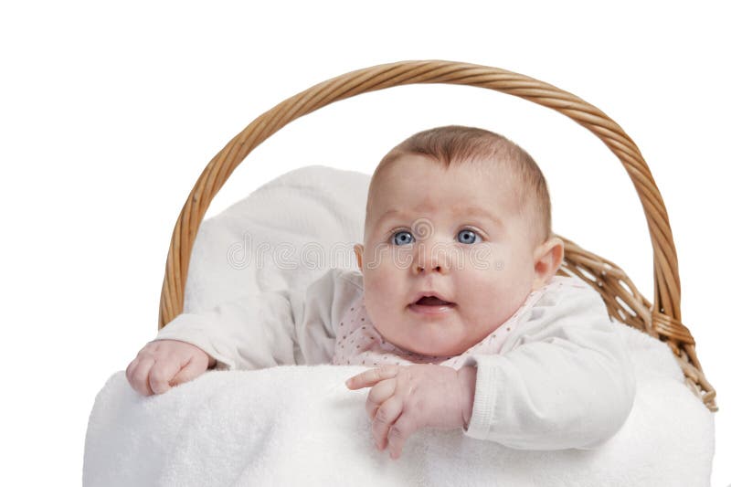 Baby in a laundry basket stock photo. Image of container 19043648