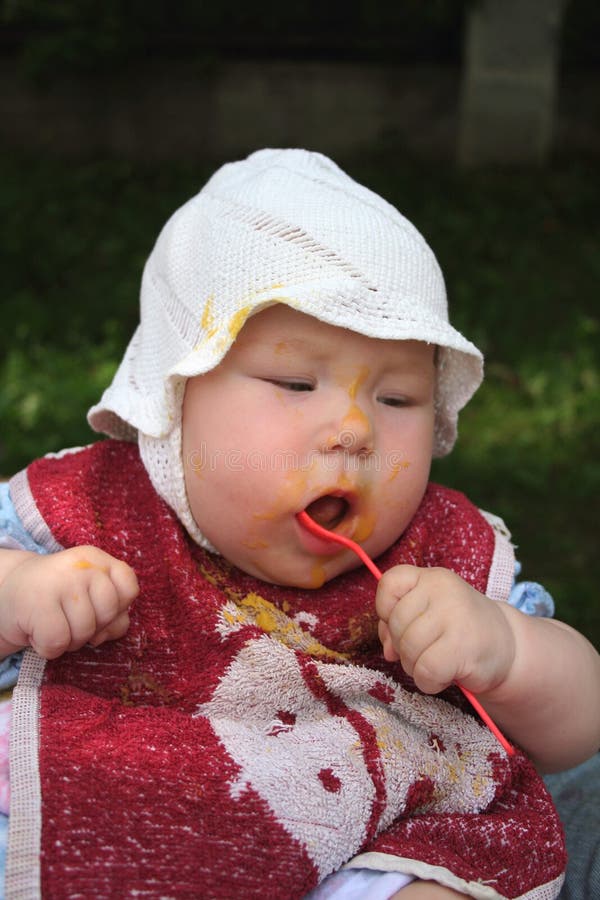 Baby learning to eat stock photo. Image of challenge, porridge - 1019252