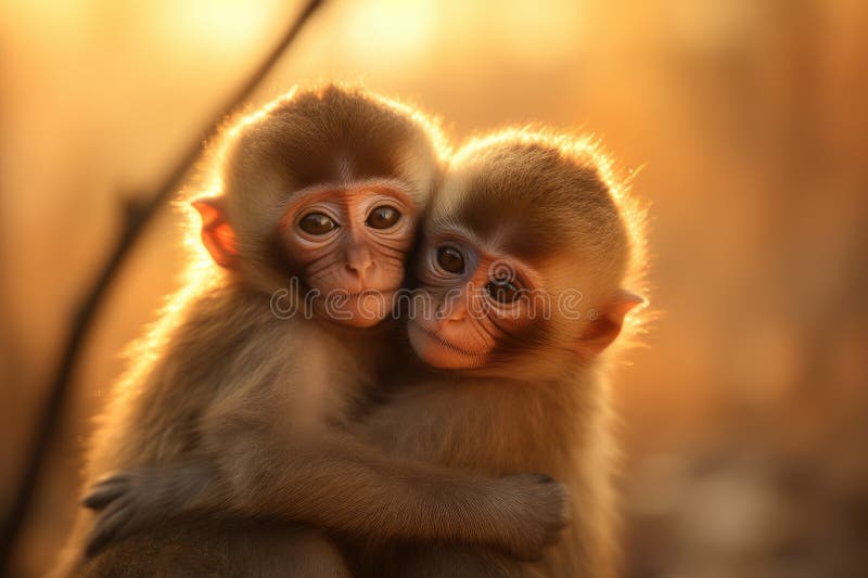 Baby monkey hug together in shinning light. Generative AI royalty free stock photo