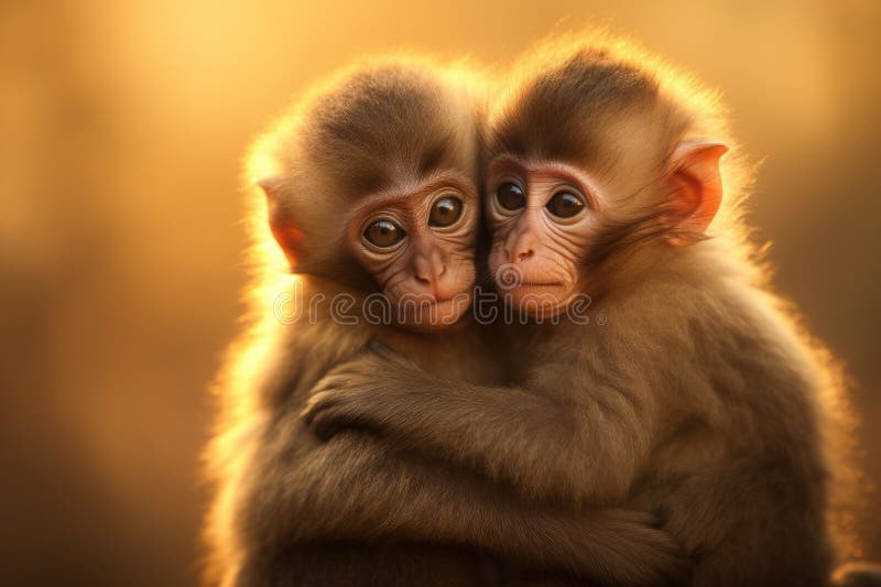Baby monkey hug together in shinning light. Generative AI stock photos