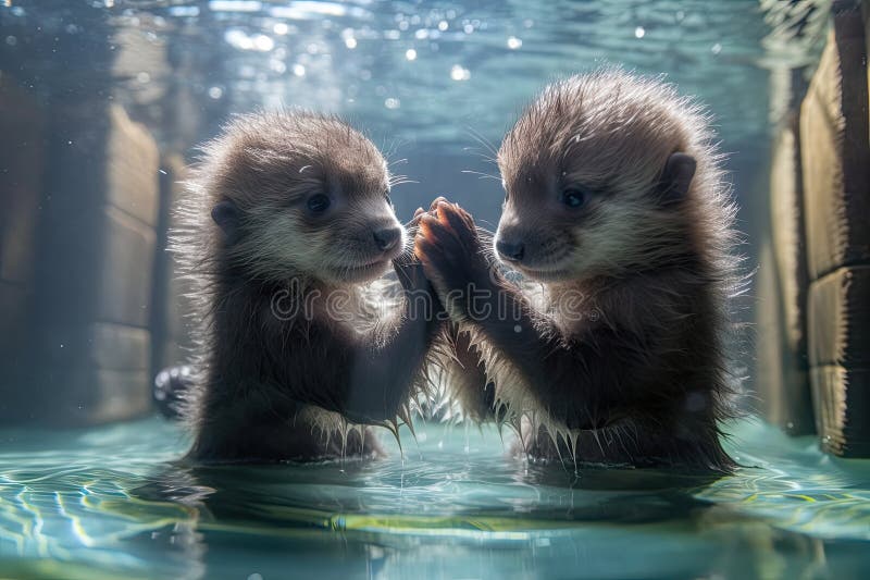 Baby Otters Holding Hands while Floating on Water, with Their Fur ...