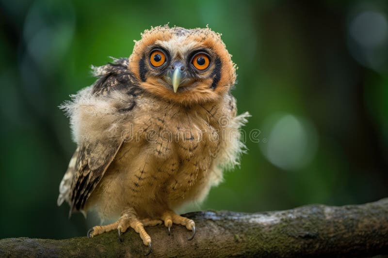 Baby Owl, Perched on Branch with Its Head Tilted, Staring into the ...