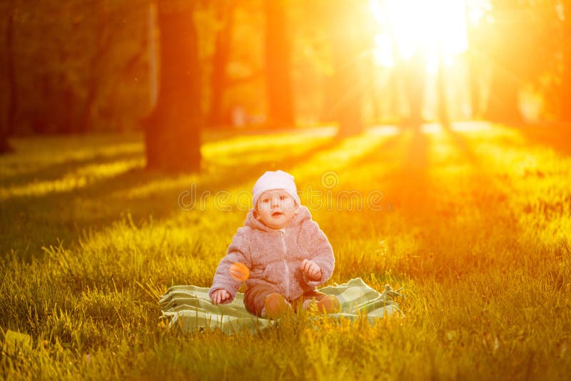 Baby in the park in the rays of sunset. Toddler on the nature outdoors. Backlight. Summertime family scene stock image Baby in the park in the rays of sunset. Toddler on the nature outdoors. Backlight. Summertime family scene stock image