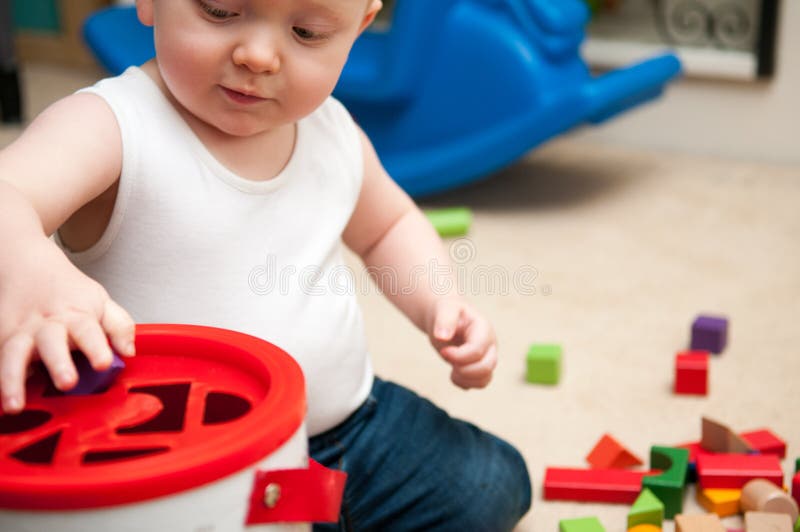 Baby Playing with Blocks and Sorting Shapes Stock Image Image of