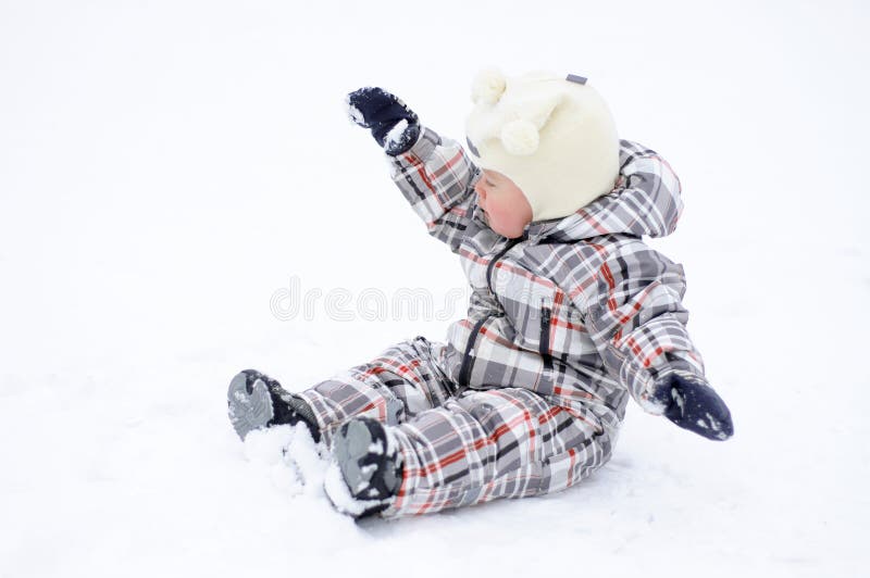 Baby Playing with Snow in Winter Stock Photo Image of cheerful, cute