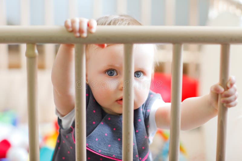 Baby boy in playpen stock image. Image of playpen, closeup 15954857