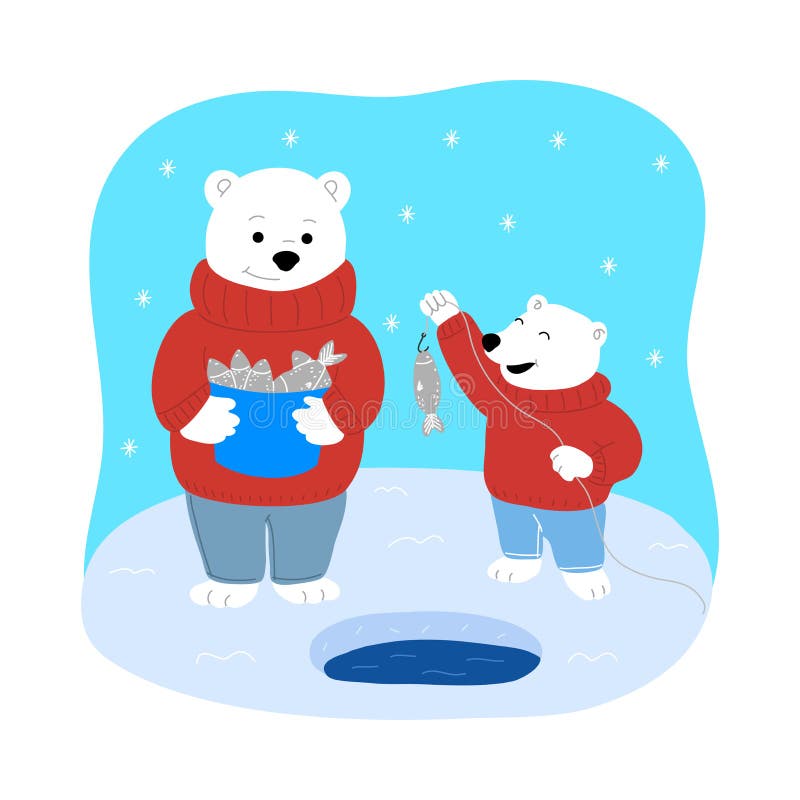 Download Baby Polar Bear Enjoying Fishing With Father In Winter ...