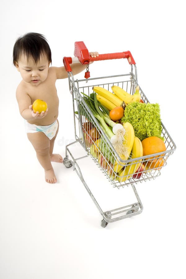 Baby pushes a shopping cart