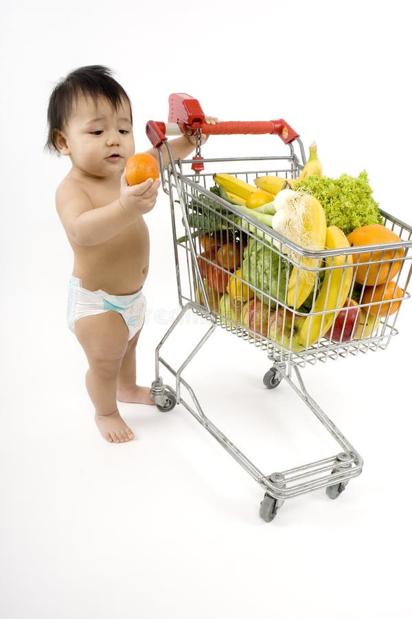 Baby pushes a shopping cart