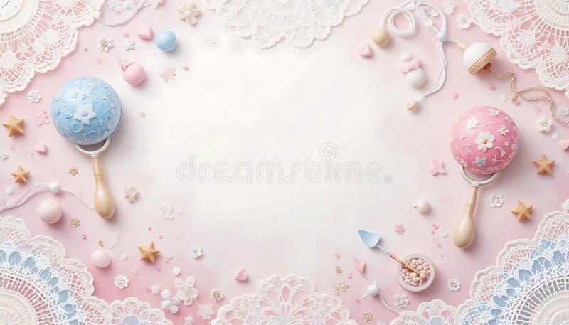 Baby Rattles and Lace with Pastel Decorations for Baby Shower royalty free illustration