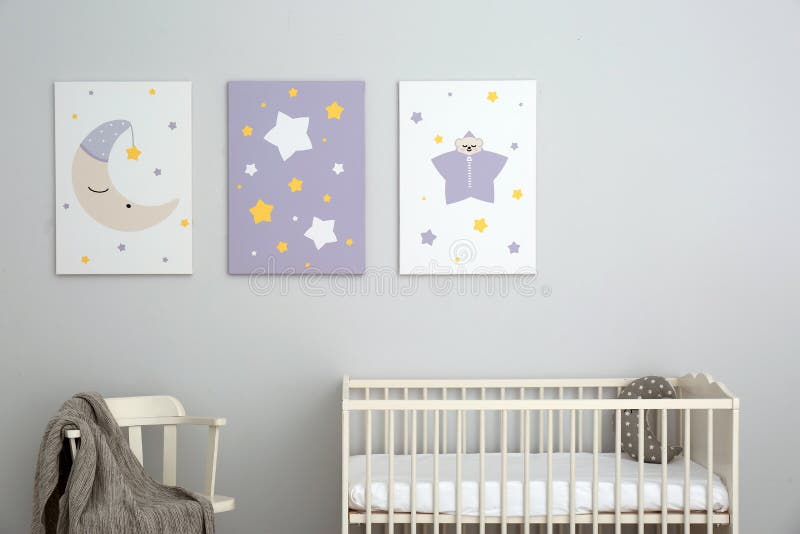 Baby Room with Crib and Cute Posters on Wall Stock Photo Image of