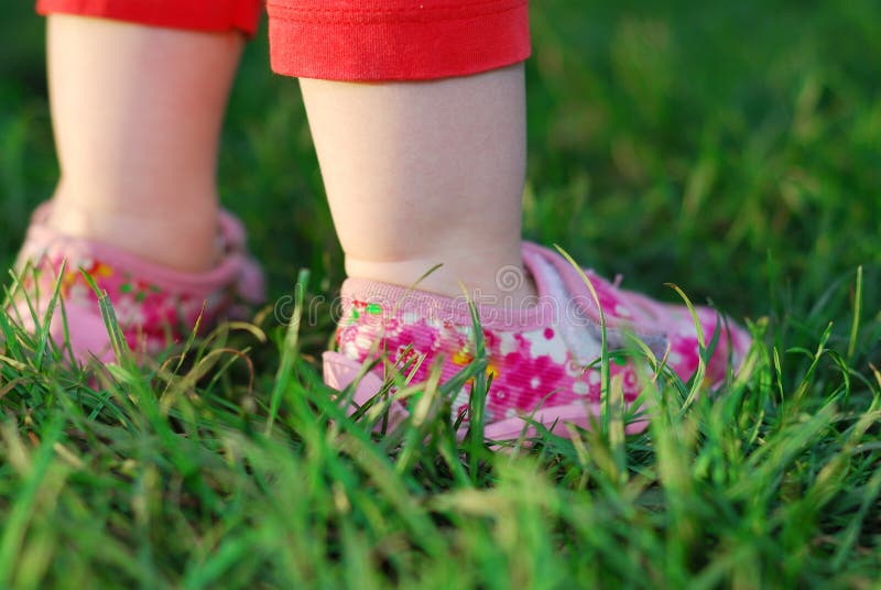 Baby`s feet on green grass