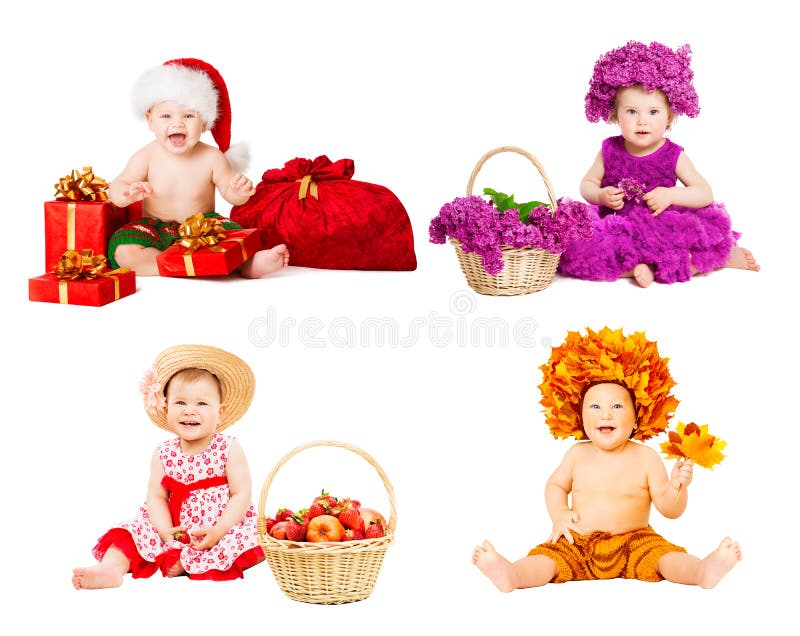 Baby Seasons, Four Happy Kids in Summer Winter Spring Autumn Art Clothing, Funny Toddlers One Year old