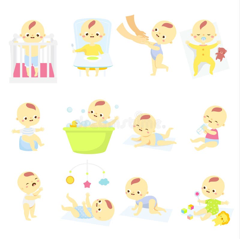 Baby set. Cartoon toddler in different positions. Newborn child develop. Kid cry, bathing, play, eat