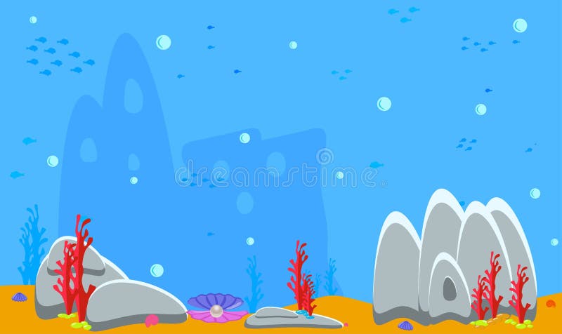 Baby Shark Background. Blue Underwater Landscape with Fishes, Coral Reefs,  Huge Rocks and See Weeds Stock Vector - Illustration of cartoon, baby:  152335199