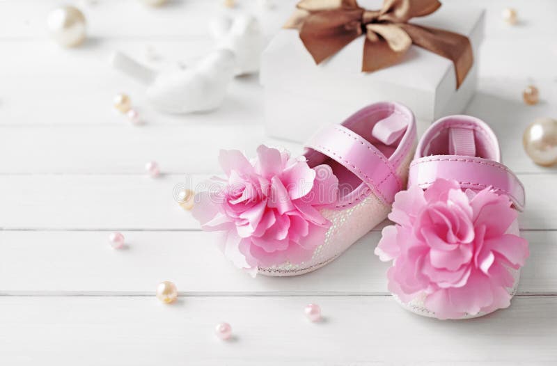 Baby shoes. Baby birth accessories stock photo