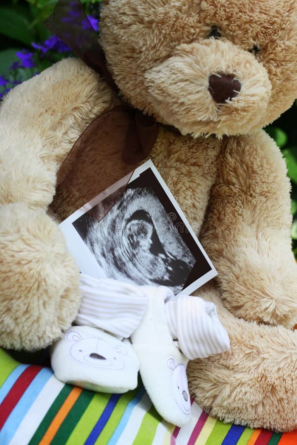 Baby shoes and teddy bear and baby ultrasound