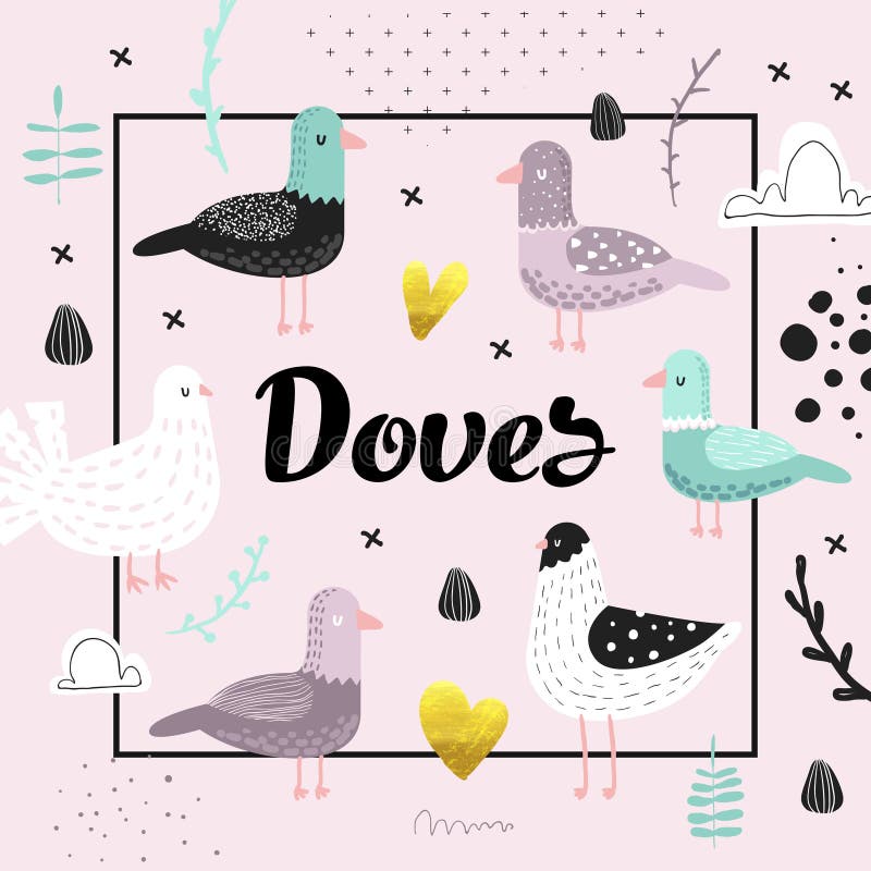 Baby Shower Design with Cute Doves. Creative Hand Drawn Childish Bird Pigeon Background for Decoration, Invitation