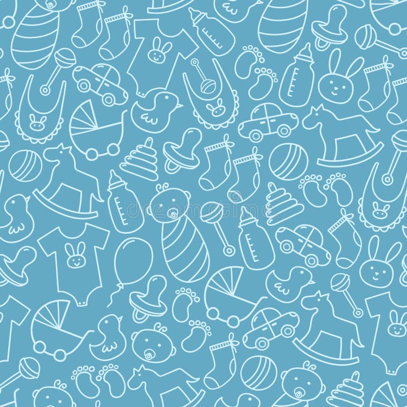 Baby shower doodle seamless pattern. Blue background royalty free illustration Baby shower doodle seamless pattern. Blue background royalty free illustration
