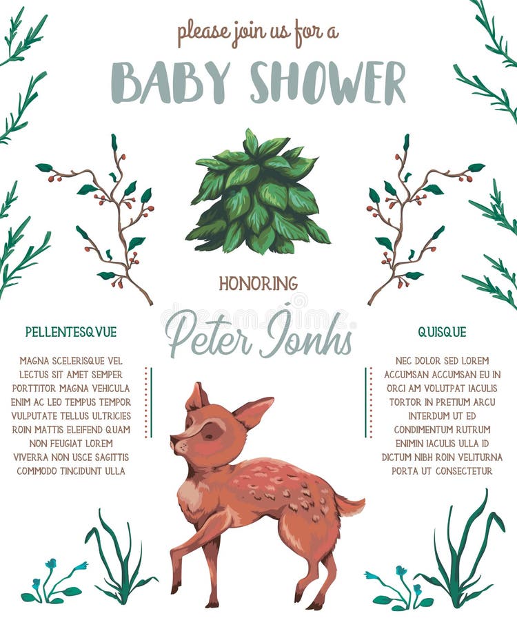 Baby shower invitation with baby deer, bush, flowers, berries and leaves. Cute cartoon character. royalty free illustration Baby shower invitation with baby deer, bush, flowers, berries and leaves. Cute cartoon character. royalty free illustration