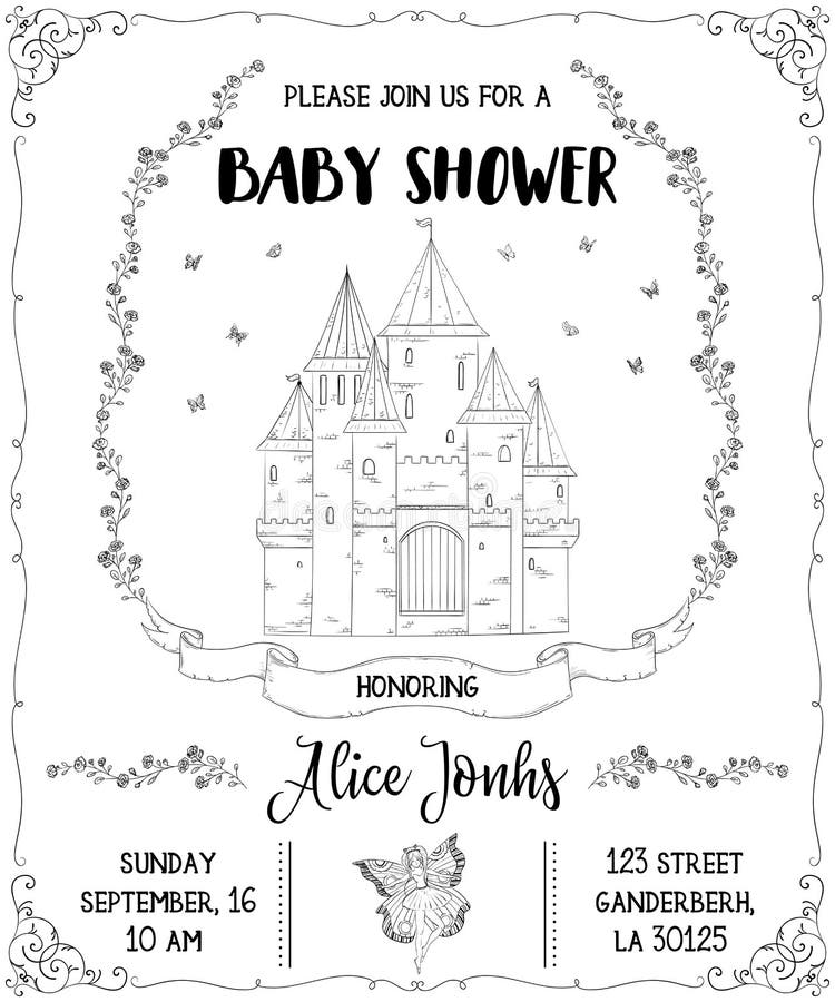 Baby shower invitation with castle, fairy, roses and butterflies. Fairy tale theme vector illustration Baby shower invitation with castle, fairy, roses and butterflies. Fairy tale theme vector illustration