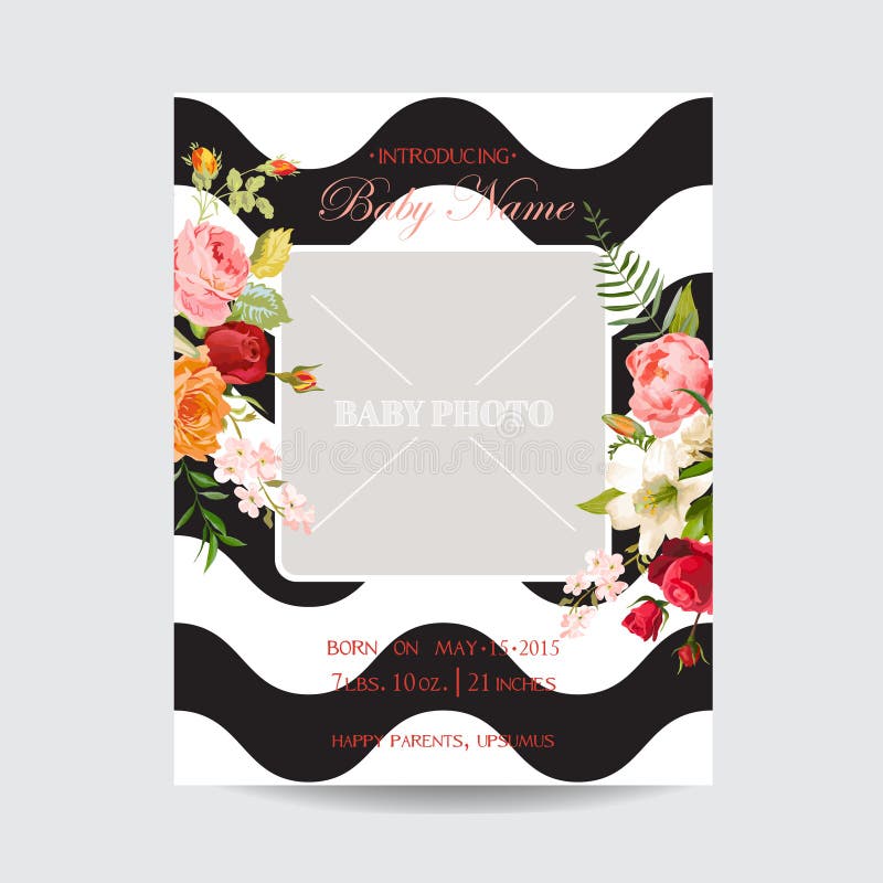 Baby Shower Invitation Template. Greeting Card Photo Frame with Lily and Orchid Flowers. Decoration for Childbirth Party stock illustration Baby Shower Invitation Template. Greeting Card Photo Frame with Lily and Orchid Flowers. Decoration for Childbirth Party stock illustration