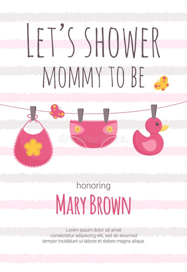 Baby shower invitation template with pink and yellow baby girl diaper, bib and duck toy hanging on pins.