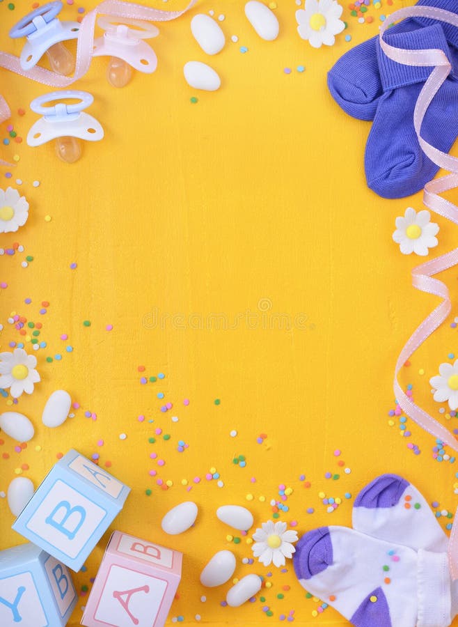 Baby Shower or Nursery background with decorated borders on a yellow wood background. Baby Shower or Nursery background with decorated borders on a yellow wood background.